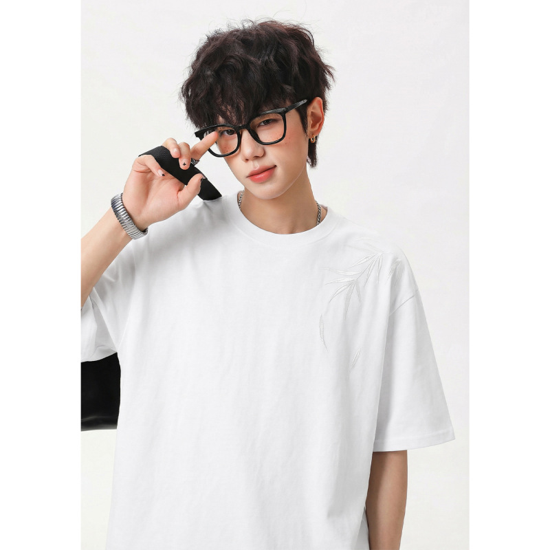 New Chinese-Style Bamboo Embroidery Short-Sleeve T-Shirt for Men, Summer Loose Fit Versatile National Style Casual Half-Sleeve Shirt