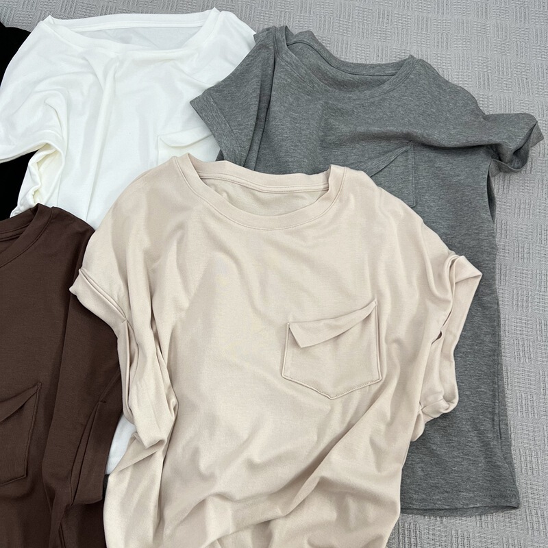 Fabric feels comfortable turn-up pocket short sleeve integrated sleeve summer new ladies round neck casual soft waxy T-shirt Fabric feels comfortable turn-up pocket short sleeve integrated sleeve summer new ladies round neck casual soft waxy T-shirt