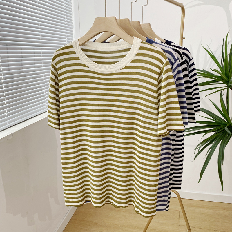 Summer 2022 Korean Style Simple Style Striped Sweater Round Neck Loose Short-sleeved Tencel Thin Top 3172