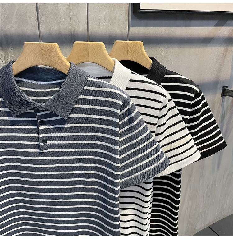 Men's Slim Fit Polo Shirt Striped Short Sleeve Ice Silk T-Shirt Business Casual Lapel Summer Top POLO Clothing_viptrois.com
