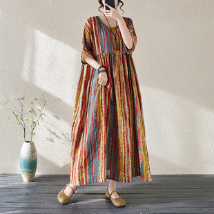 Cross-border foreign trade summer clothing abstract color dress women's loose short sleeve long belly covering age reducing large swing dress