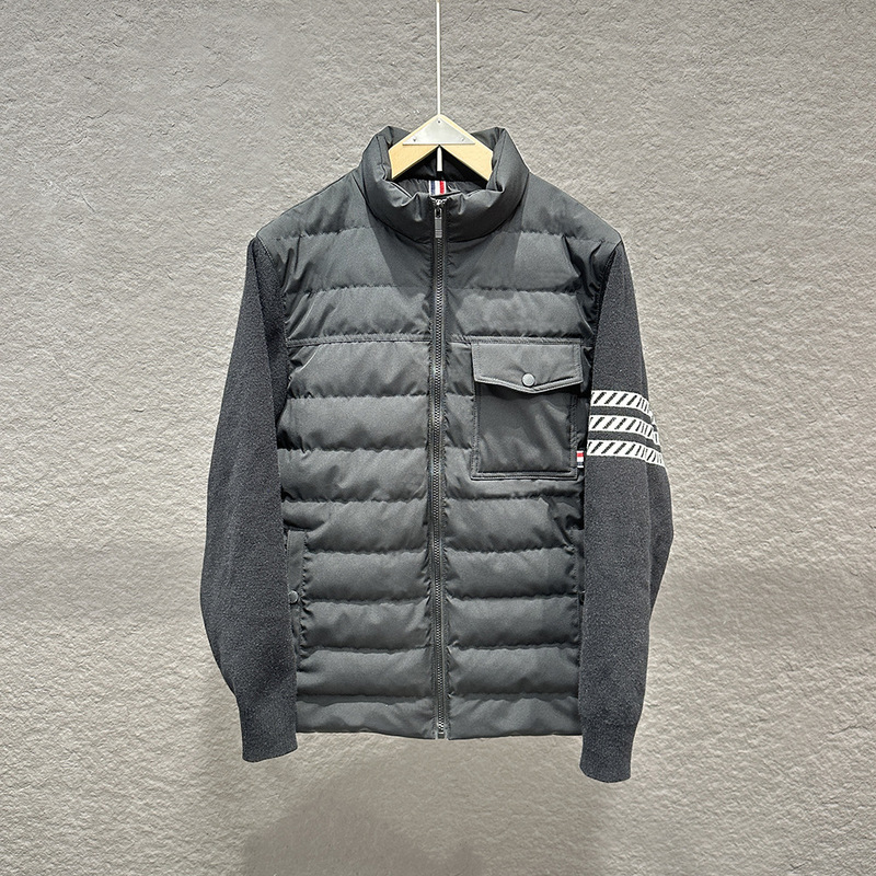 2025 New Sweater Knitted Sleeve Splicing down Jacket Versatile Stand Collar Three Stripes Men's down Jacket