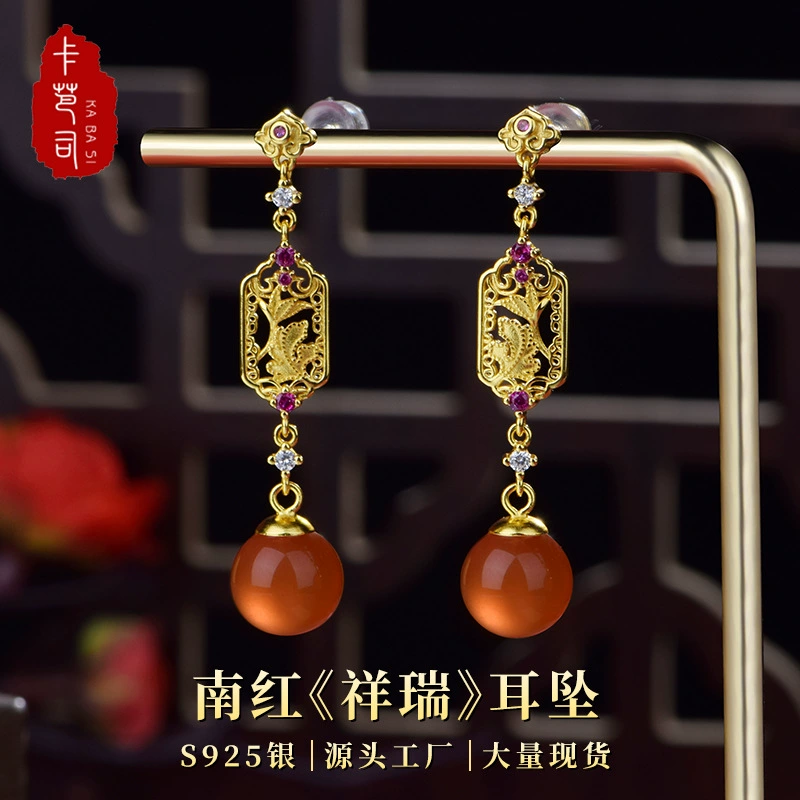 卡芭司 Red retro earrings, accessory, silver 925 sample