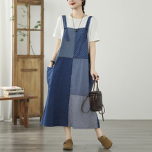 韩版2025夏季新款日系小众别致复古拼接减龄无袖牛仔长款背带裙女