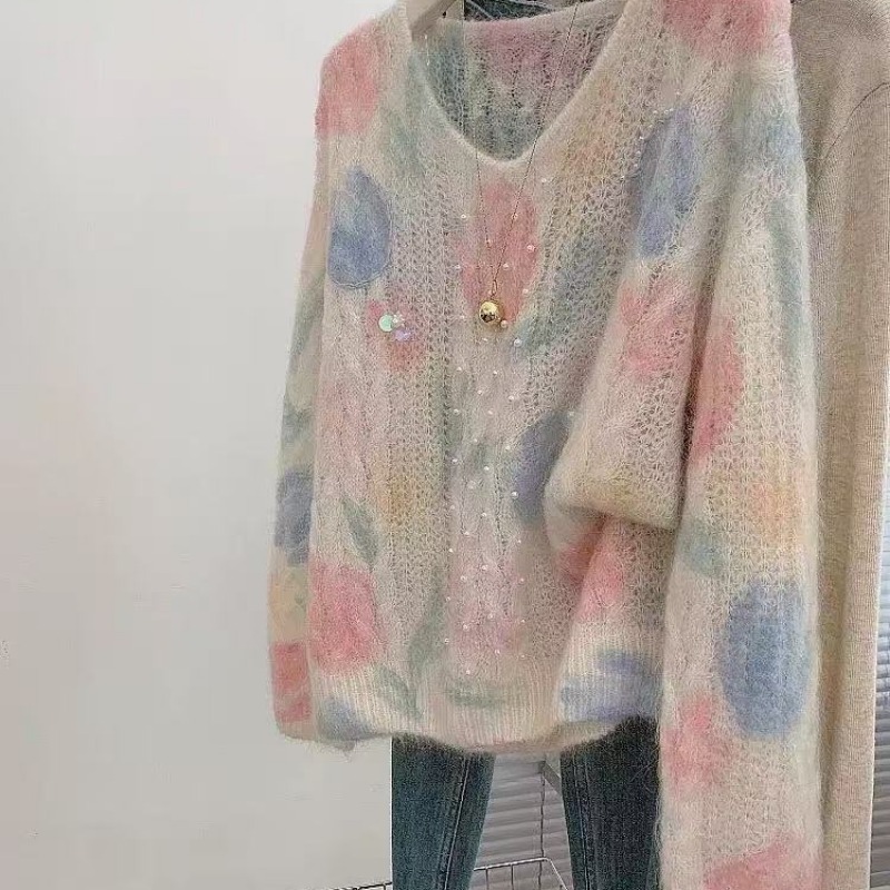 设计感巨好看的粉色提花宽松针织衫上衣法式小香风v领珍珠毛衣女|undefined