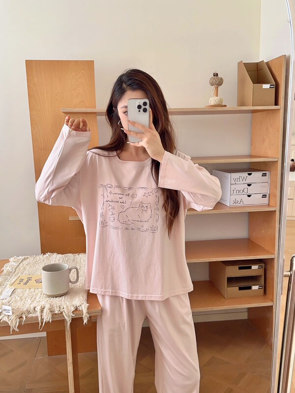 宅小希冰瓷棉休闲带胸垫家居服套装女春秋薄款卡通长袖可外穿睡衣|undefined