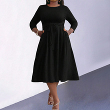 国际站外贸大码女装圆领简约风连衣裙秋冬时尚减龄高腰绑带中长裙