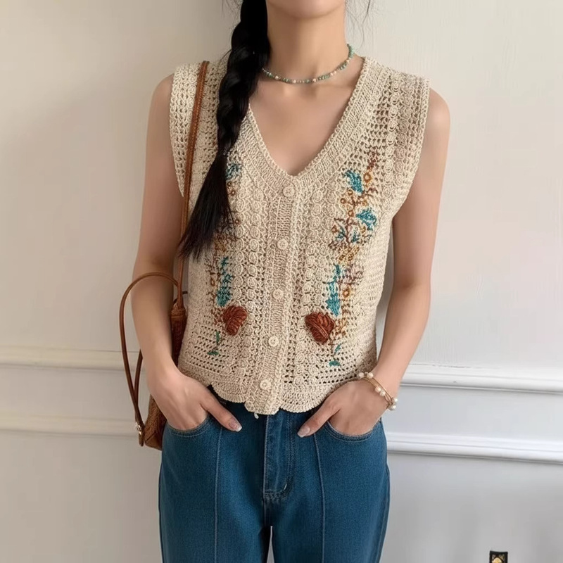 Summer Women's Knitted Vest, Hollow-Out Sleeveless Cardigan, Outerwear Top, Embroidered Retro Ethnic Style