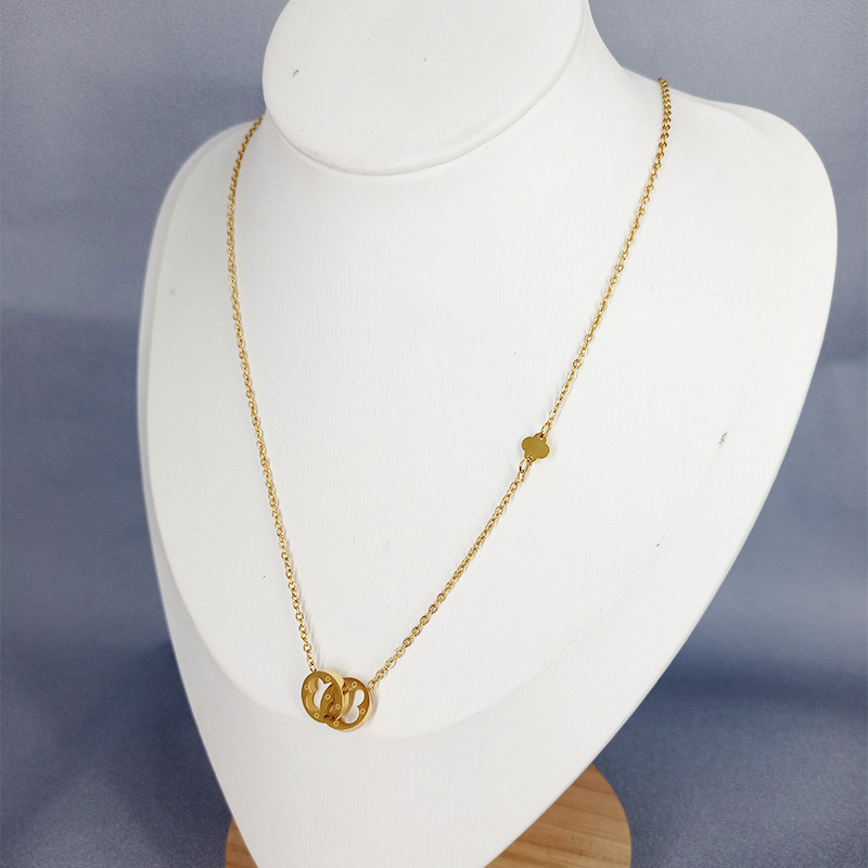 Simple and Personalized Double Ring Clover Style Titanium Steel Necklace Women's Short collarbone Chain 17K Rose Gold Matching_voghion.com