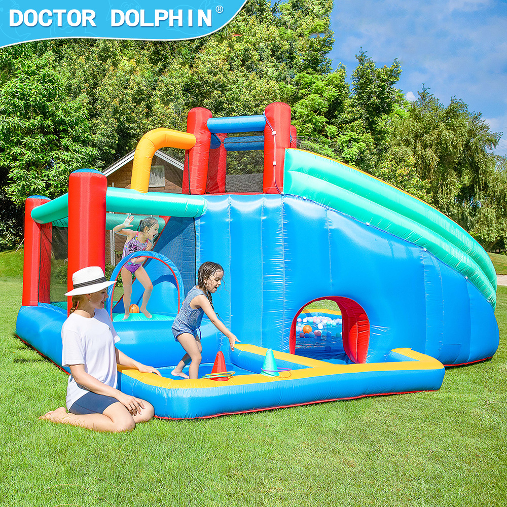 Castillo inflable Doctor Dolphin, castillo inflable pequeño para niños con rociador de agua para interiores, trampolín inflable para el hogar, tobogán, piscina de olas