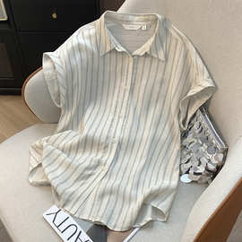 实拍现货亚麻条纹时尚文艺短袖衬衫女2025夏新款大码宽松休闲上衣