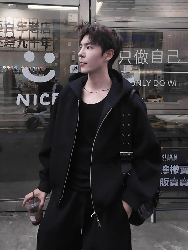 黑色重磅开衫卫衣男款秋季慵懒风穿搭廓形连帽衫美式复古短款外套|undefined