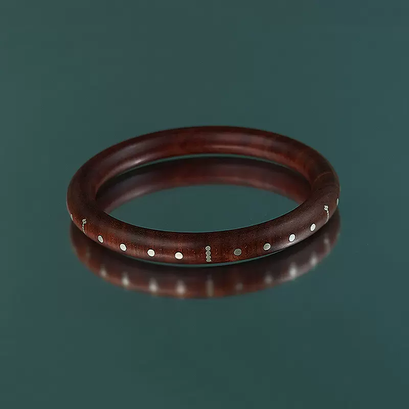 紫檀木镶银手镯紫檀镶嵌国风称星实木圆镯子黑檀称心如意手环饰品