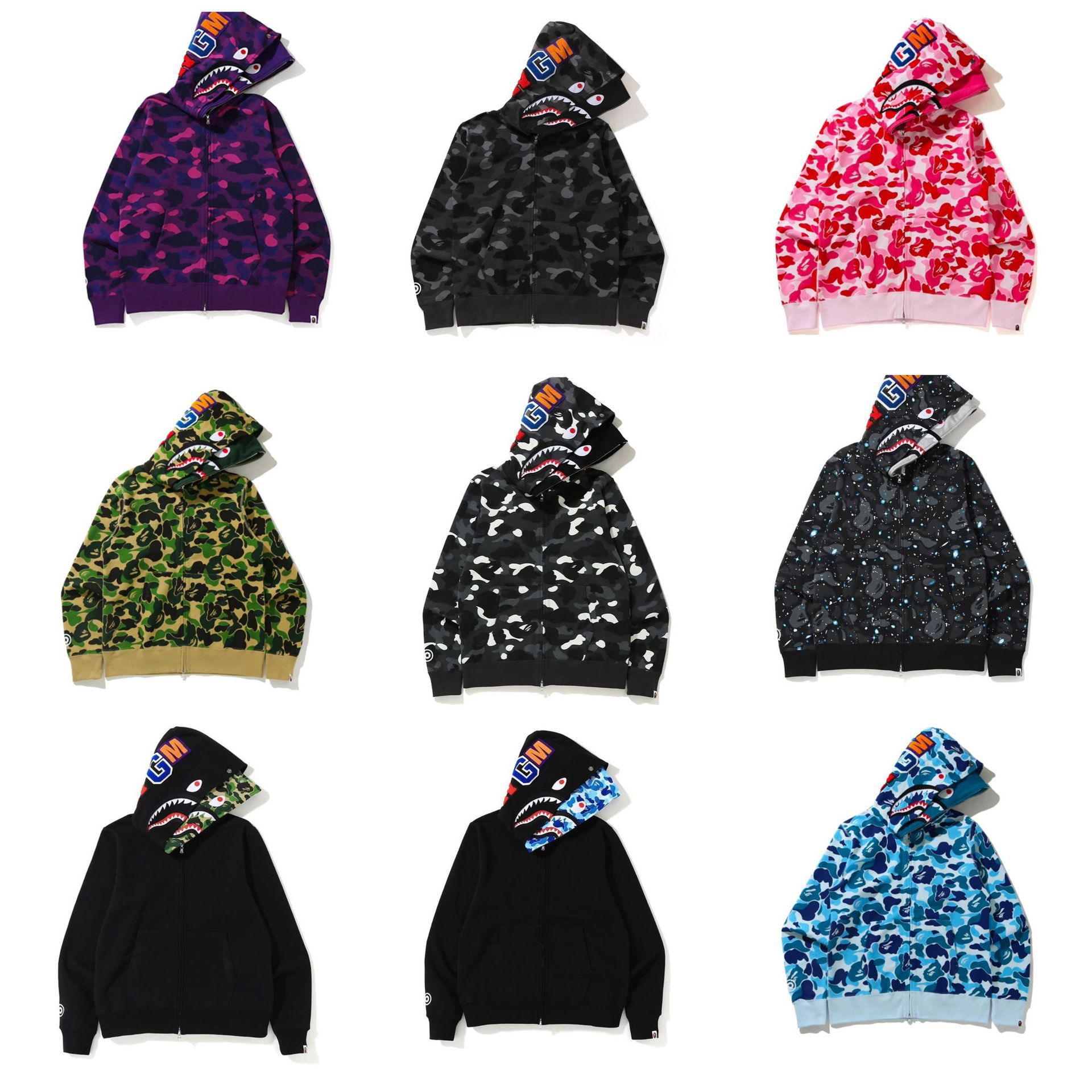 Bape 트렌디 브랜드 상어 카모 후드 자켓 남성용 루즈 대형 캐주얼 지퍼 더블 후드 힙합 스웨트 셔츠