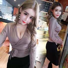 网络直播女主播上镜衣服性感长袖低胸绑带上衣高腰半身裙两件套装