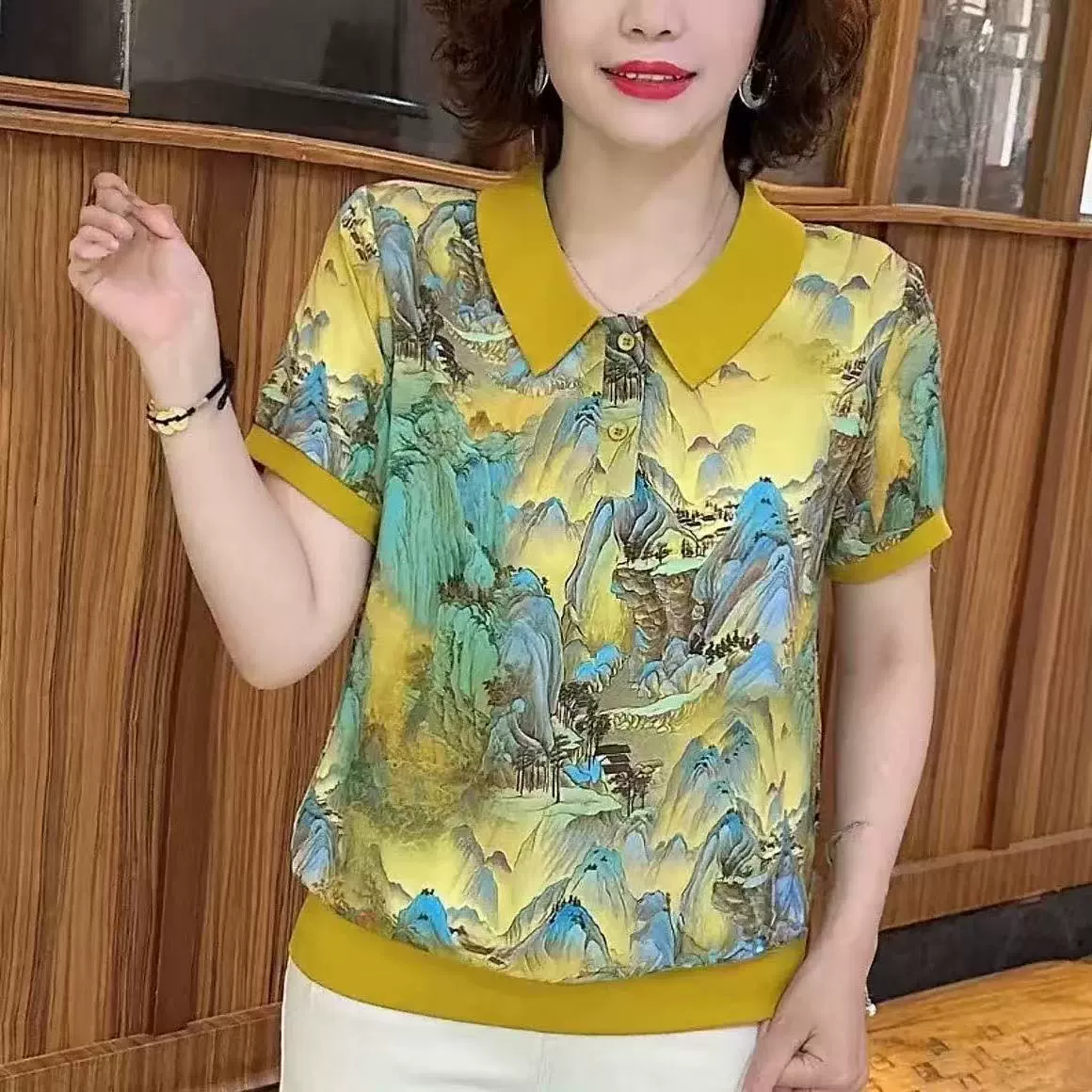 Модная летняя женская футболка для мам среднего возраста, новый стиль, свободная стильная футболка для похудения с отложным воротником и короткими рукавами, женский топ