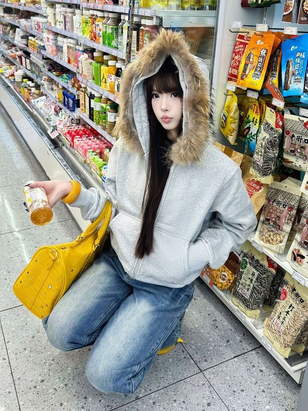 慵懒风灰色连帽卫衣开衫女秋季可拆卸毛领拉链外套宽松休闲上衣潮|undefined