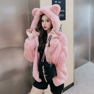 2025 new winter cute bear ear plush warm loose mink hair mid-length fur coat for women