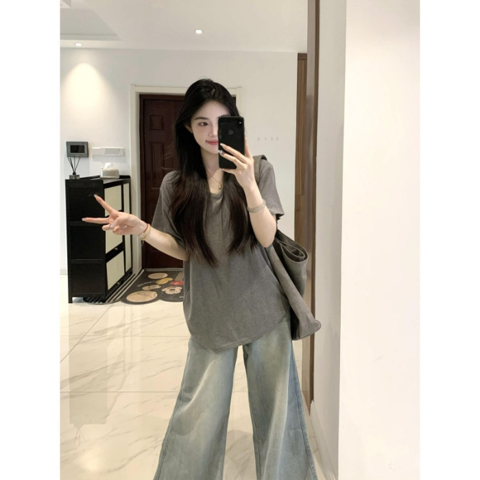 韩系简约休闲V领灰色慵懒风短袖T恤女夏新款宽松垂感百搭半袖上衣|undefined