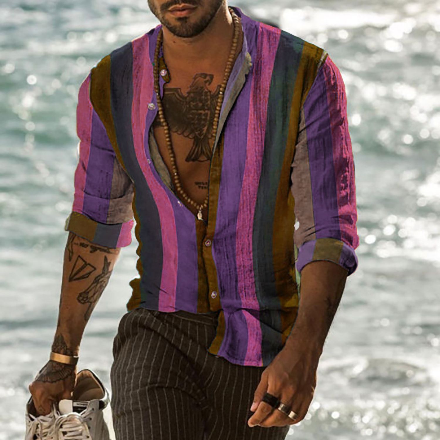 Camisa de los hombres cuello a rayas calle hebilla diaria impresa camisa de manga larga moda casual transpirable forro de los hombres