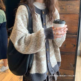 复古菱格毛衣外套女秋冬宽松慵懒风古着vintage加厚针织开衫上衣
