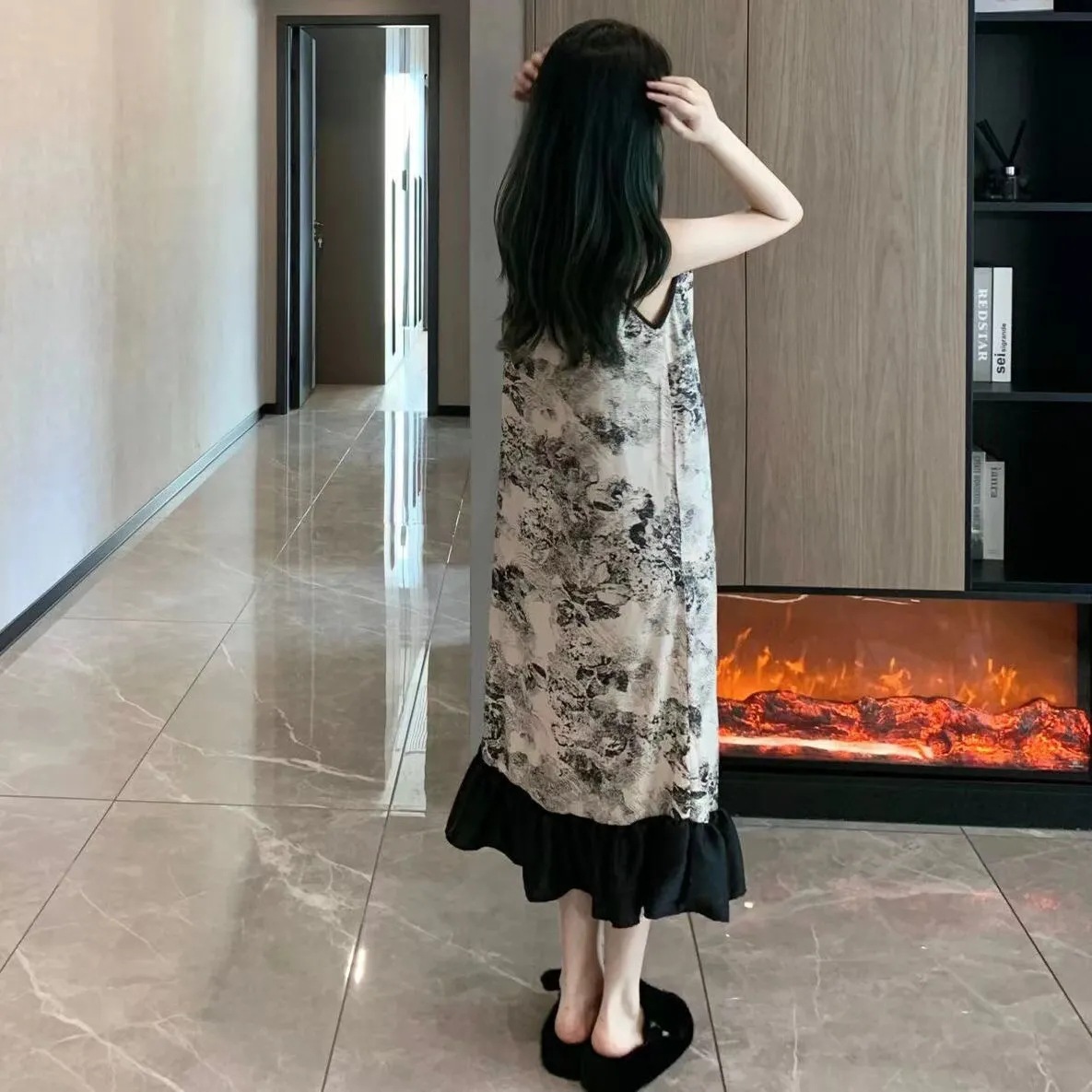 Pijama de mujer lindo dulce algodón pijama de rodilla estudiante V-collar vientos vestidos de casa falda de verano