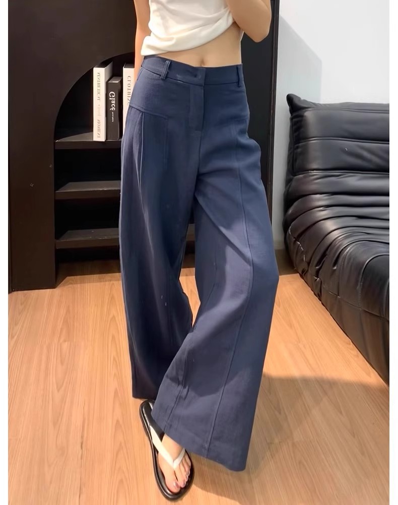 Quần culottes nữ ống rộng cạp cao vải linen phối tơ — Xanh sẫm chi tiết 17