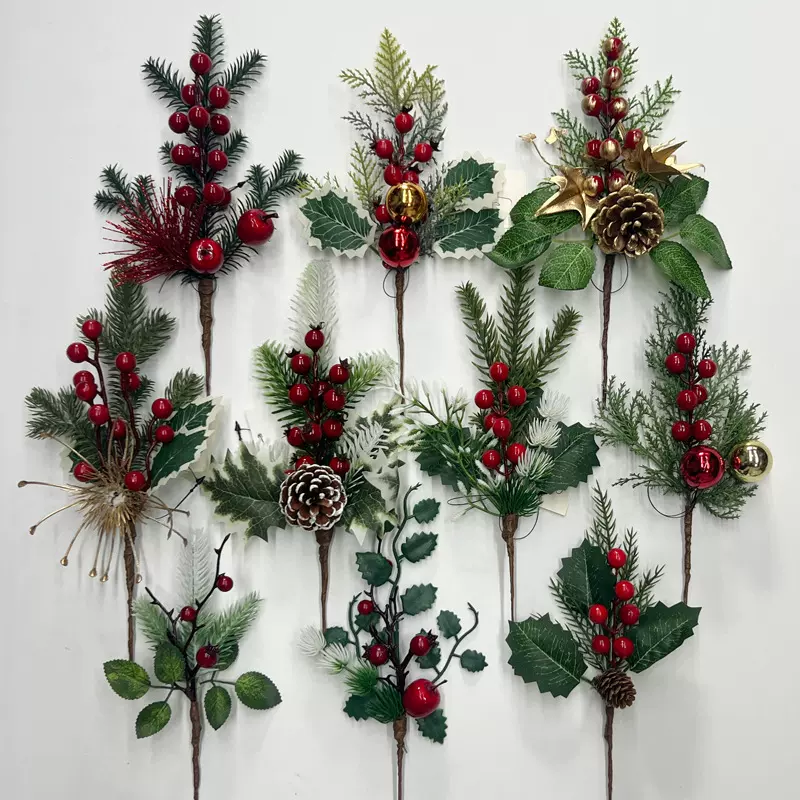 圣诞松针插枝仿真松针花枝圣诞节装饰品圣诞浆果插枝圣诞插枝单枝