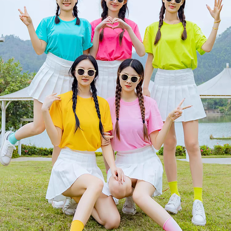 공연 의류 여성 컬러 티셔츠 도파민 착용 2025 새로운 캔디 컬러 신부 들러리 그룹 여자 친구 클래스 의류 세트 여성