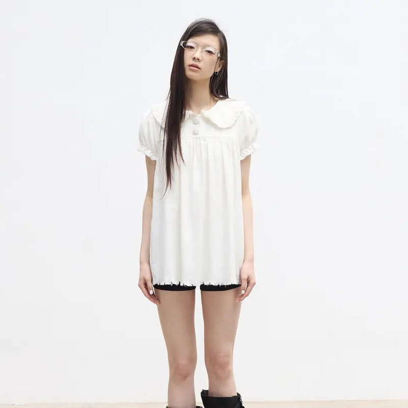 VERMO Vintage Playful Pleated Layered Doll Collar Loose Frayed Washed Top 9104