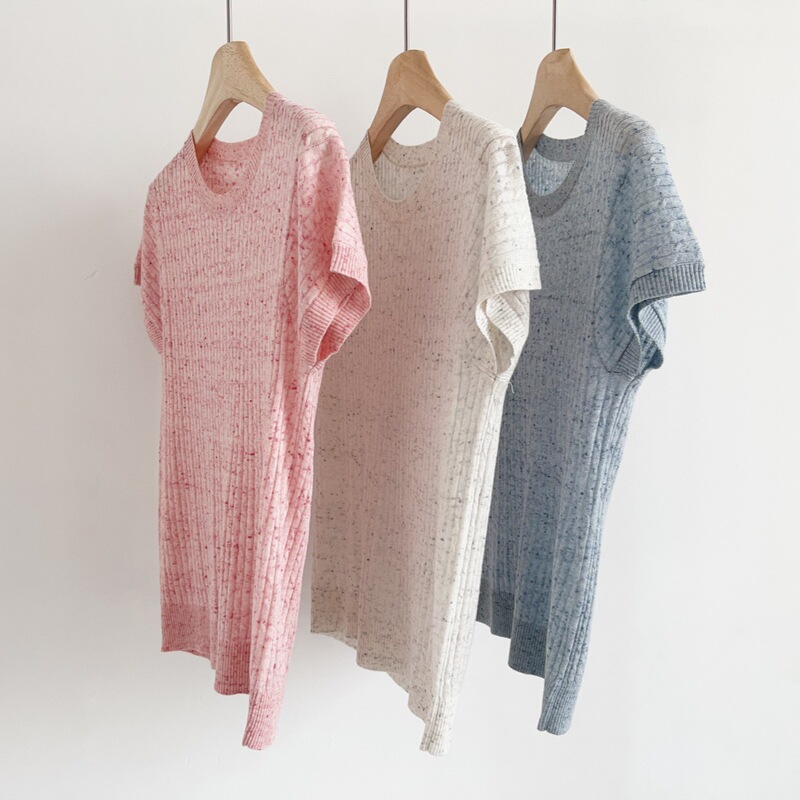 Good quality! Miniscan Colorful Yarn Twist Crewneck Turtleneck Sweater Cotton Wool All-match Short-sleeve Thin Top