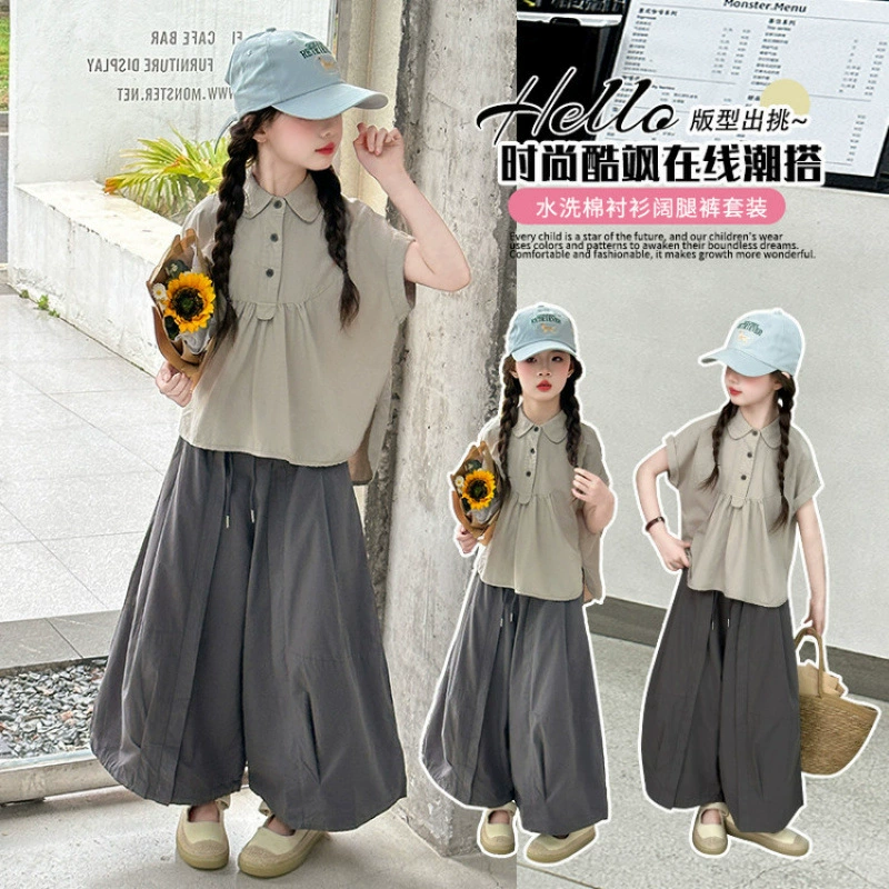 Летний костюм с короткими рукавами для девочек, детская рубашка из стираного хлопка, свободные широкие брюки для девочек, летняя одежда, наряды в корейском стиле.
