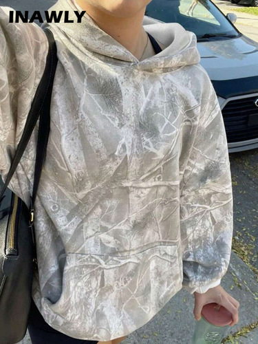 Amazon Autumn New Women's Camouflage Hooded Sweatshirt Maple Leaf Print Oversized Sports Hooded Sweatshirt with Pockets