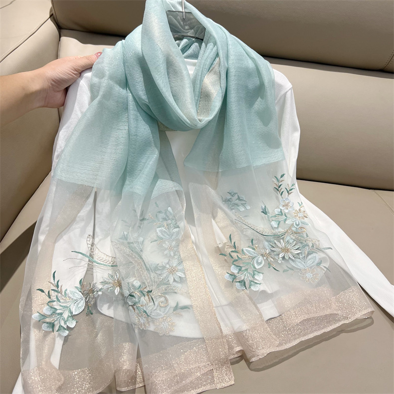 150g Weight Silk Scarf Classification Travel Occasion Polyester Material Flower Pattern Spring, Autumn Season Women's Gender Embroidery Design Elegant Style Women's Elegant Flower Polyester Embroidery Silk Scarf 无