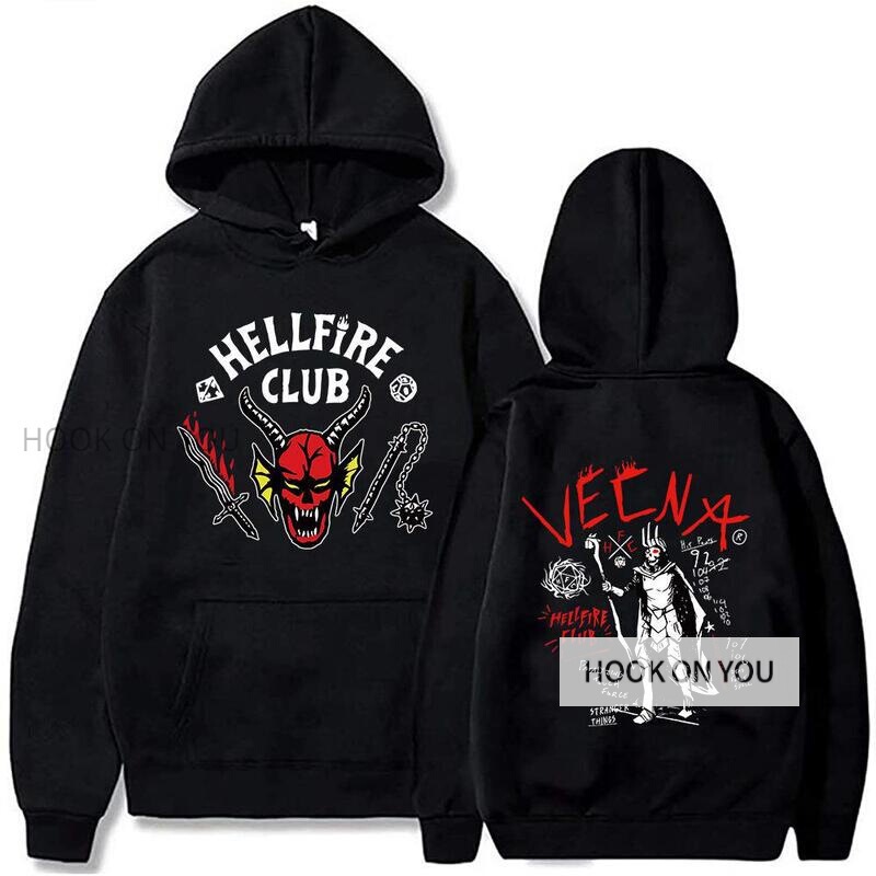 American retro demon graffiti pullover hoodie, strange story, Hellfire Club, Vicna print, trendy brand American retro demon graffiti pullover hoodie, strange story, Hellfire Club, Vicna print, trendy brand