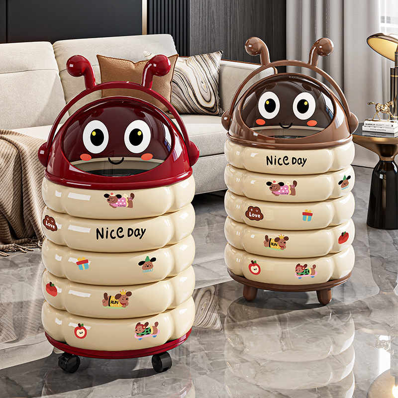 Cartoon Caterpillar Trash Can with Movable Handle, Sliding Lid, Dual Compartments Inside and Outside, Large Capacity Waste Bin for Bedroom Cartoon Caterpillar Trash Can with Movable Handle, Sliding Lid, Dual Compartments Inside and Outside, Large Capacity Waste Bin for Bedroom