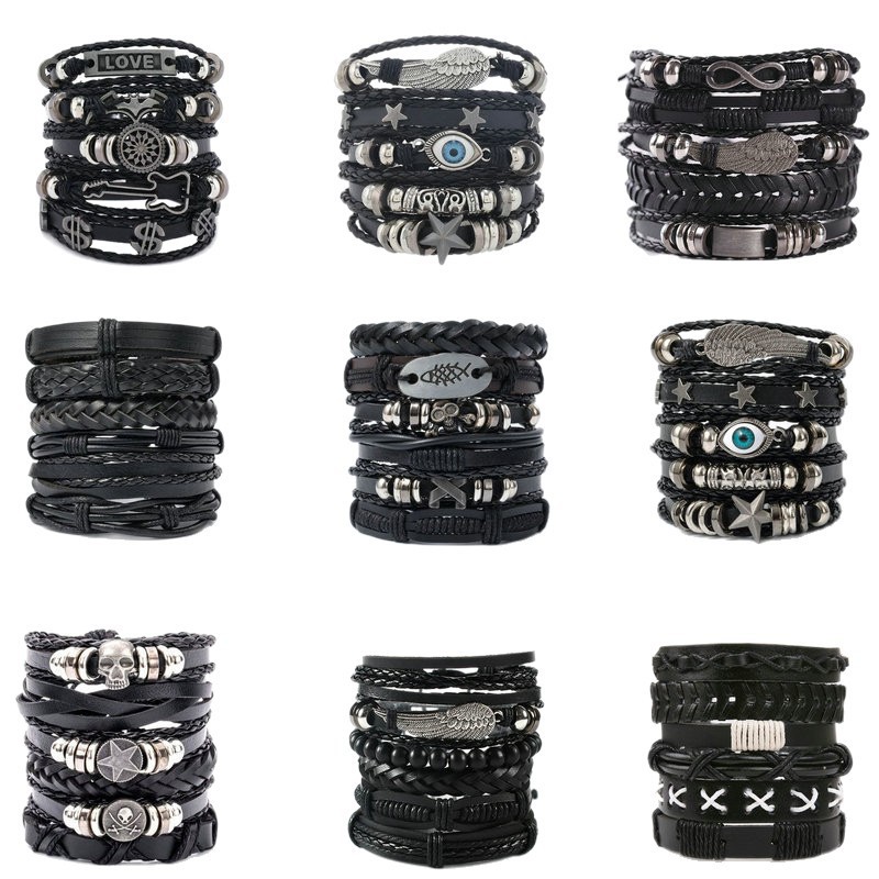 Cross-Border European and American Style Men's Braided Leather Bracelet Set with Multiple Layers and Skull Design, Personalized Bracelet