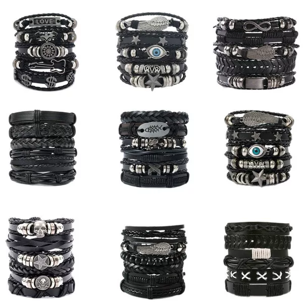 Cross-Border European and American Style Men's Braided Leather Bracelet Set with Multiple Layers and Skull Design, Personalized Bracelet