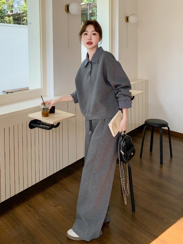 灰色运动休闲条纹拼接卫衣套装女2025秋季新款设计感阔腿裤两件套|undefined