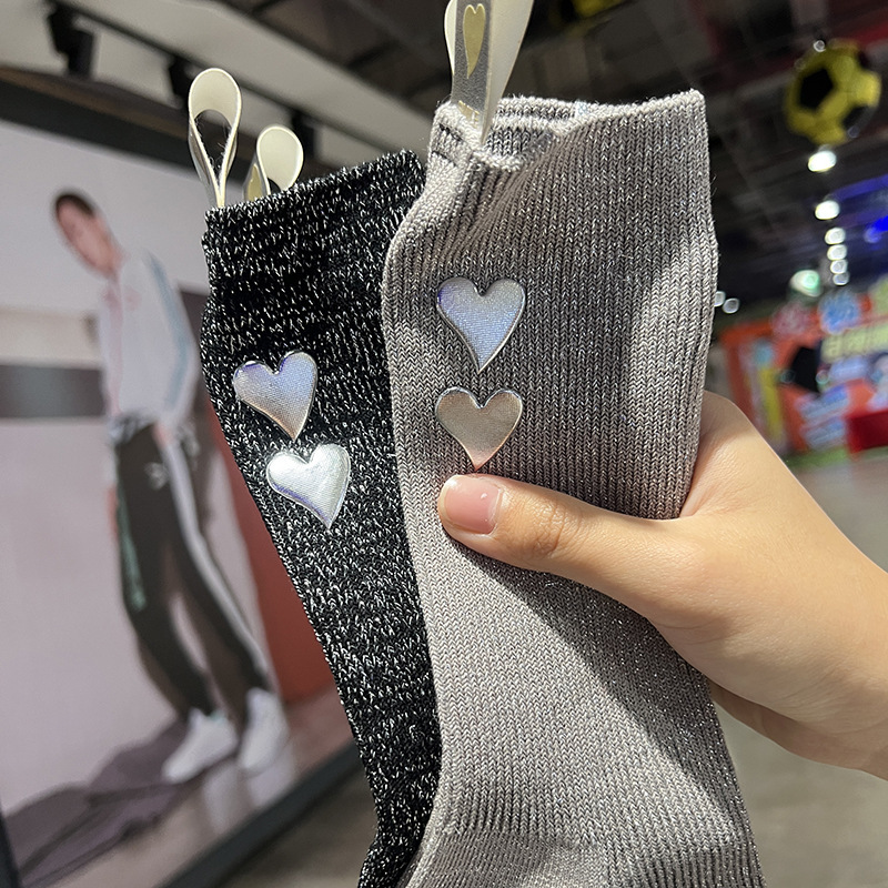 Jewelry Socks Decorative Hot Bright Silver Love Silver Silk Piled Socks Mid-tube Stockings Children's Trendy Light Luxury European Goods Leather Label