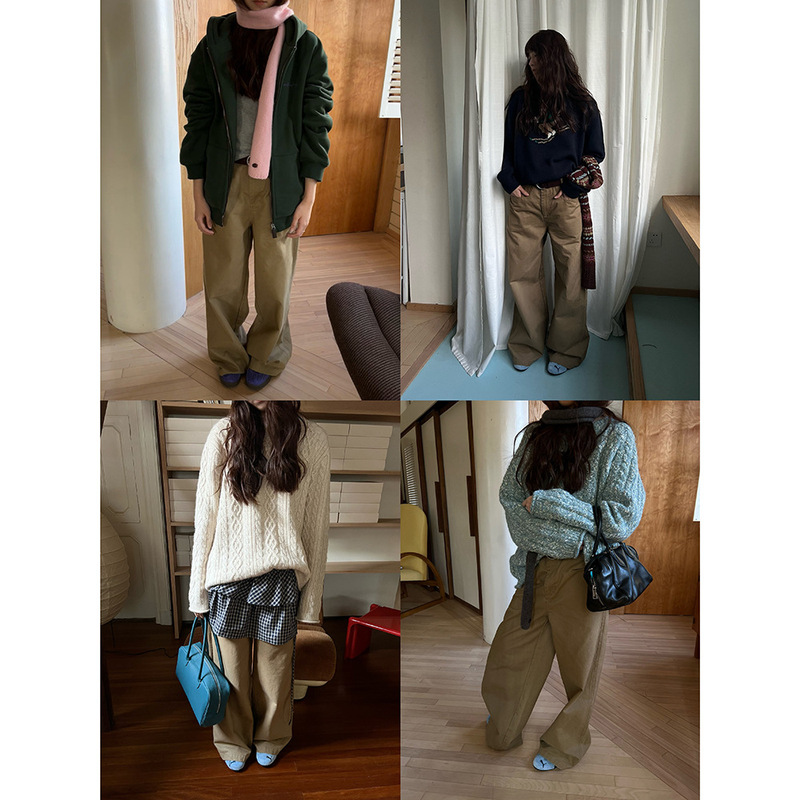 POXFFEE/砂洗质感磨毛休闲裤长裤女秋冬阔腿直筒宽松bf慵懒风裤子|undefined