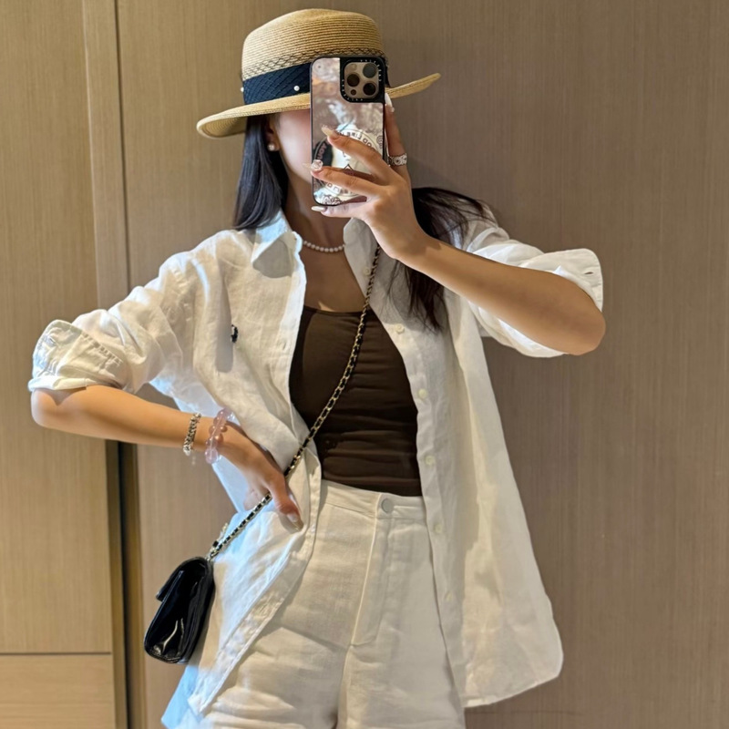 Classic! Ralph Lauren Linen Shirt with Pony Logo, Comfortable, Breathable, Skin-Friendly, Versatile, Turn-Down Collar, Casual Everyday Wear