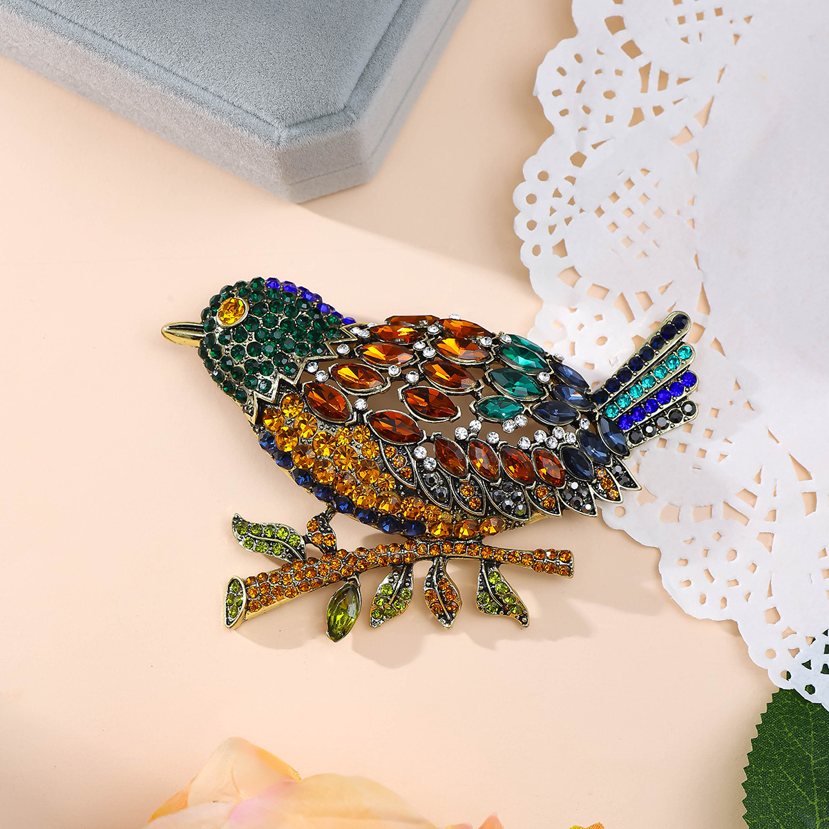 HD colored diamond bird brooch