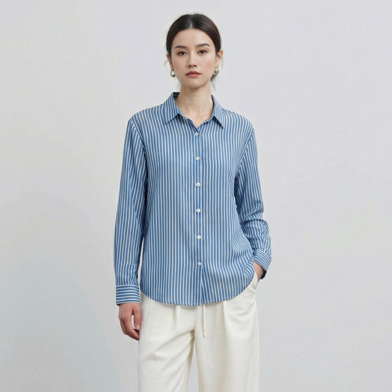 Spring Commuting Mulberry Silk Shirt for Women, Turn-Down Collar, Striped Layered Shirt, Long Sleeve, New Loose Fit, Elegant Silk Top