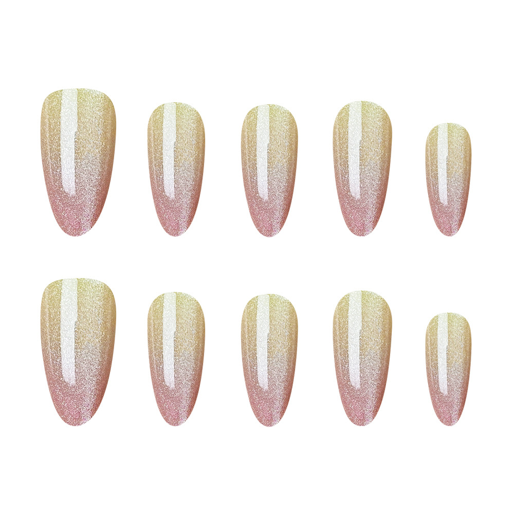 10 piezas de parche de uñas de ojo de gato de código dividido, uñas postizas degradadas en polvo amarillo nude, lindas y dulces uñas de vestir hechas a mano
