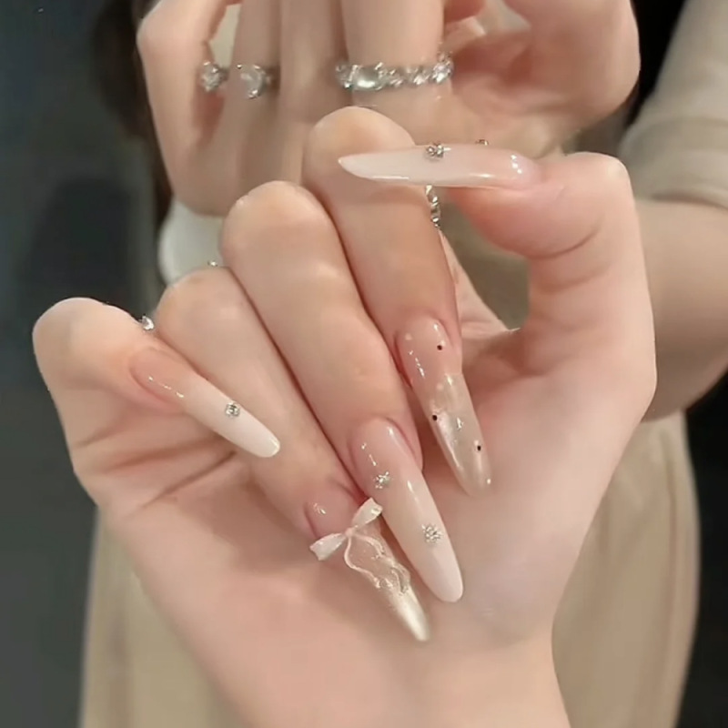 White Moonlight Fairy Ice Transparent Atmosphere Elegant High-End Slender Pointed Glacier White Bow Detachable Wearable Nail Piece