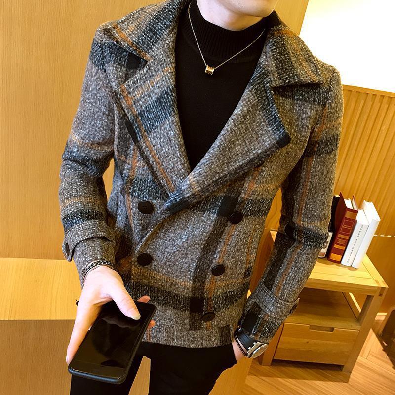 Men's Trenchcoat Autumn and Winter Thickened Short Woolen Coat Fashionable Korean Style Slim-fit Double-breasted Woolen Coat for Youth