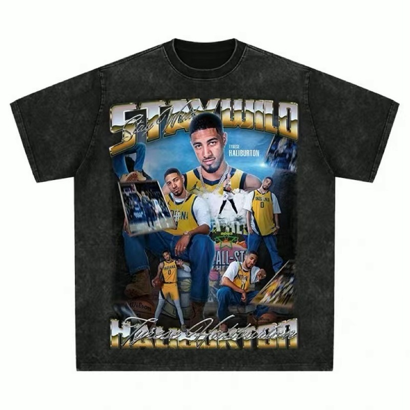 クロスボーダーウォッシュ加工古い油絵半袖Tシャツメンズ夏のトレンディなヒップホップTシャツアメリカンレトロトレンディな服|undefined