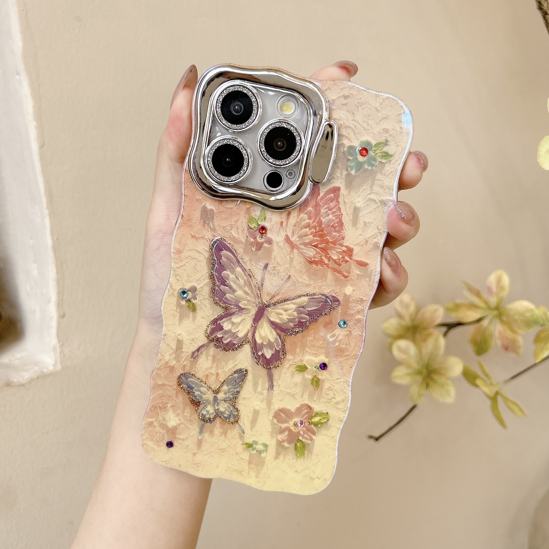 Dream Painting Painting Butterfly Adecuado para Apple 16ProMax Funda para teléfono 15/14 Personalidad 15Pro Soporte de lente 13 Mujer