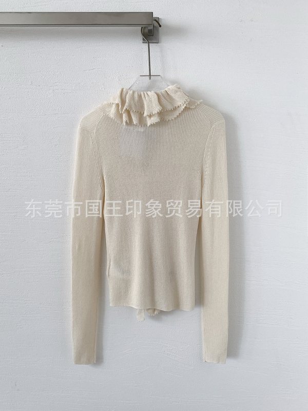 国王印象 早秋新款荷叶边V领修身显瘦微透单排扣长袖针织衫上衣女|undefined